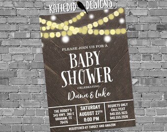 String light Barn wood Barnwood Baby shower invitation lights sting lights reclaimed neutral gender reveal bridal coed 12127 rustic