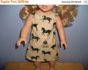 American 18 Inch Doll clothes dress tan with Derby horses on it