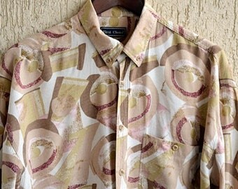 LINEN Vintage Men Shirt Size M-L Floral Print Summer Dress Shirt Thaiti Style Cotton Casual Wear