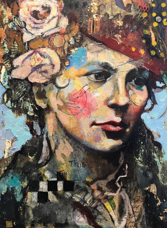 Mixed Media Print on canvas//woman with Rose/Signed and