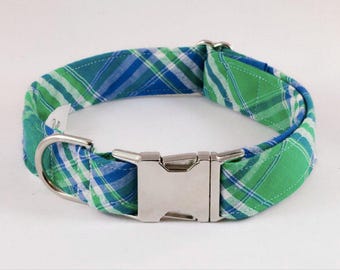 Preppy Green and Blue Madras Plaid Dog Collar