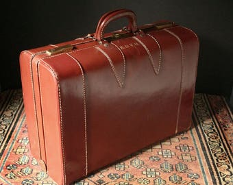 Vintage leather suitcase, saddle leather suitcase, leather luggage 21"