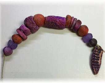 13 Rustic Handmade Artisan Ceramic Beads Plus 1 Dangle Berry, Purple and Orange