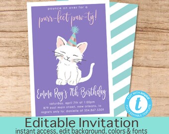 Cat Birthday Invitation, purr-fect paw-ty Invitation, Editable Birthday invite, Girl Kitten Invitation, Cat, Templett, Instant Download