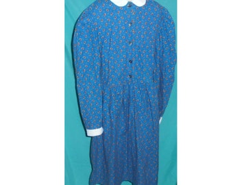 Vintage Blue LAURA ASHLEY 100% Cotton Dress White Collar Long Sleeve T8 Girl's Size 8 ~ 1980's 1990's