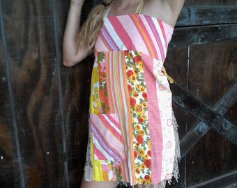 Patchwork Pink Apron Top w/ Pocket
