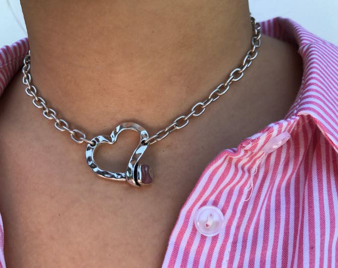 Chain necklace, silver choker, silver necklace, choker necklace, necklace choker, uno de 50, silver plated necklace, heart choker