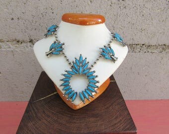 Squash Blossom Necklace Faux Silver and Turquoise Necklace Southwestern Jewelry Tribal Indian Turquoise Necklace