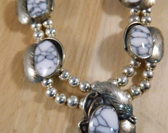 ETSYCIJ Vintage Nickel Silver and Howlite Indian Squash Blossom Necklace / Old Pawn Native American Jewelry / White and Black Stone Heavy Ne