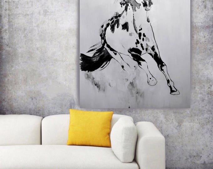 Wild Running Horse 1. Extra Large Horse Wall Decor, Black Contemporary Horse, Large Contemporary Canvas Art Print up to 72" by Irena Orlov