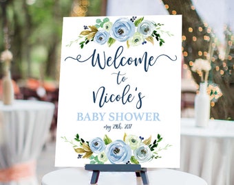 Blue floral Baby Shower Welcome Sign, baby shower boy welcome sign, Flower Baby Shower Customized Sign, Rustic chic welcome sign