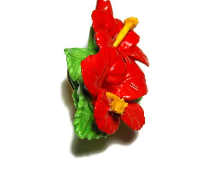 FREE SHIPPING Hibiscus china brooch, Denton china pin made in England, red hibiscus flower, floral brooch, red yellow green porcelain brooch