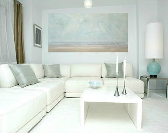 Art, Seascape Painting,Large Original Abstract, Acrylic Paintings on Canvas by Ora Birenbaum Titled: Soft Clouds 13 24x48x1.5"