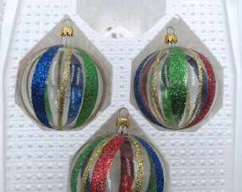 Vintage Three (3) Hand Blown Kurt Adler Glass Glitter Christmas Ornaments, Vintage Kurt Adler Christmas Ornaments, Vintage Glass Ornaments,