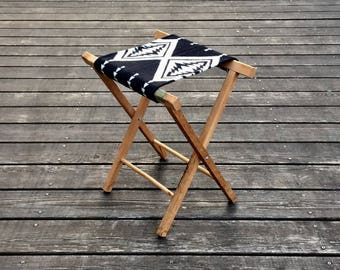 Vintage Camp Stool - Wool Seat - Arrow Native Geometric Tribal