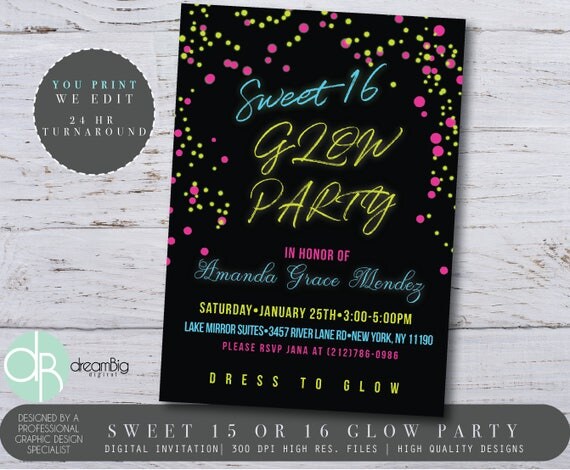 Neon Sweet 16 Invitations 9