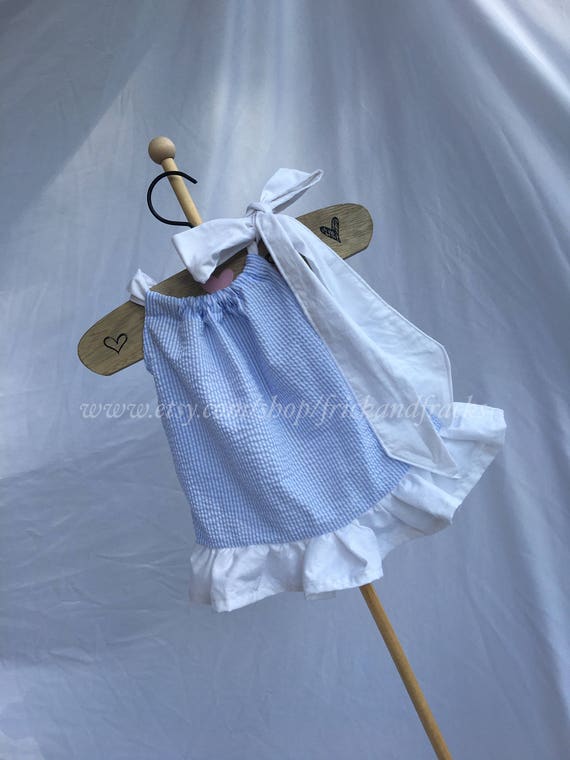 Seersucker Pillowcase Dress with White Ruffle Border Flower