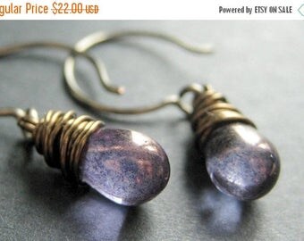 BACK to SCHOOL SALE Bronze Earrings - Dark Purple Earrings with Glass Teardrops, Wire Wrapped Earrings. Handmade Jewelry.