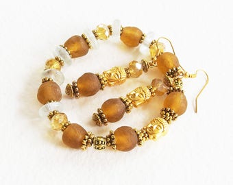 Parure Zen - Le Bouddha Soleil d'Or - Bracelet et Boucles d'Oreilles - Perles Pâte de Verre, Métal Argenté - Bijoux créateur, pièce unique