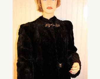 60% OFF Clearance Sale Vintage Black Mouton Lamb Fur Coat sz M/L
