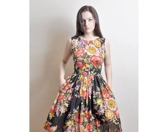 JULY 20 OFF Floral Cotton Dress, Day Dress, 100% Cotton, Custom made, Midi Cotton Dress, 50's dress