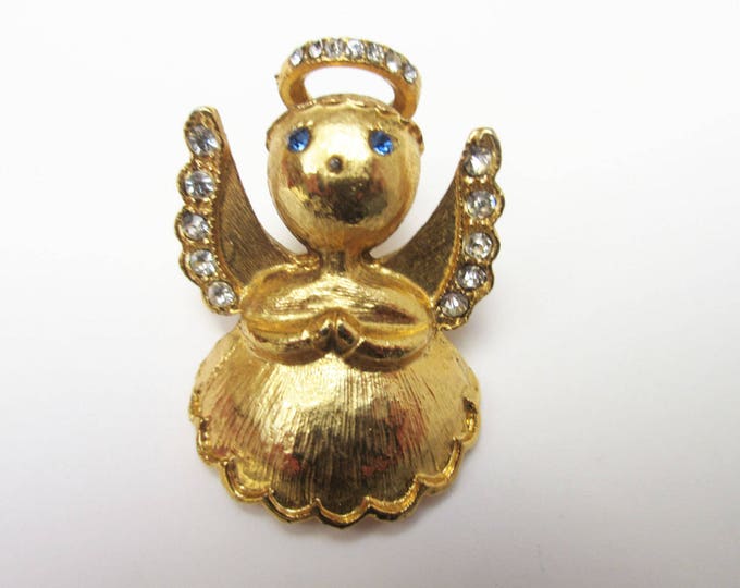 Angel Christmas Brooch - signed Luca Razza - Gold - rhinestone - Holiday Pin