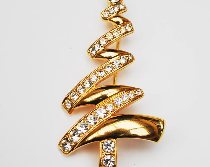 Rhinestone Christmas Tree Brooch - Signed Monet -Gold - Swirl modern = Holiday pin