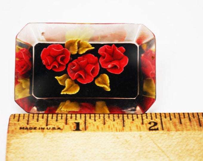 Reverse Carved Lucite Brooch - Red Rose Orchid Flower - yellow green leaves pin with black - Floral leaves pin