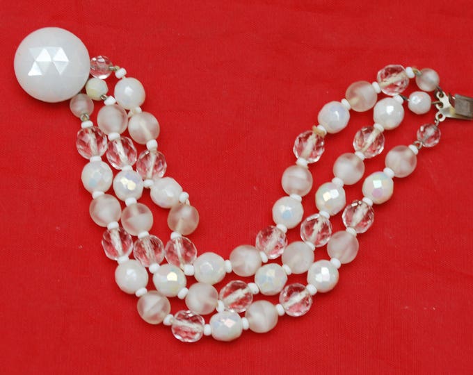 West Germany Bead Bracelet - Triple strand - white milk Glass -crystal beads - #ab white glass clasp -