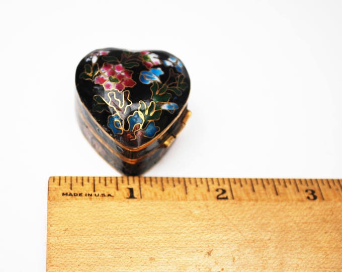 Cloisonne Heart Pill box - small black enameling -floral flower - blue interior -hinged trinket ring box