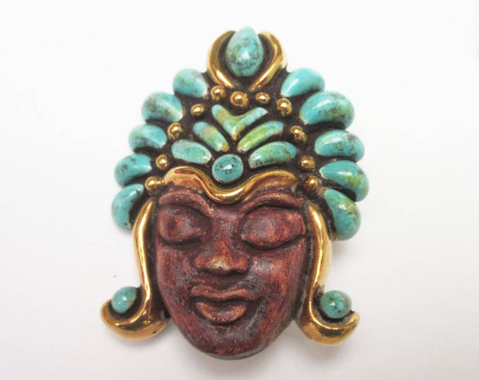 Tribal face brooch and earring set - Boho - Turquoise brown Ceramic pin and screw back earrings