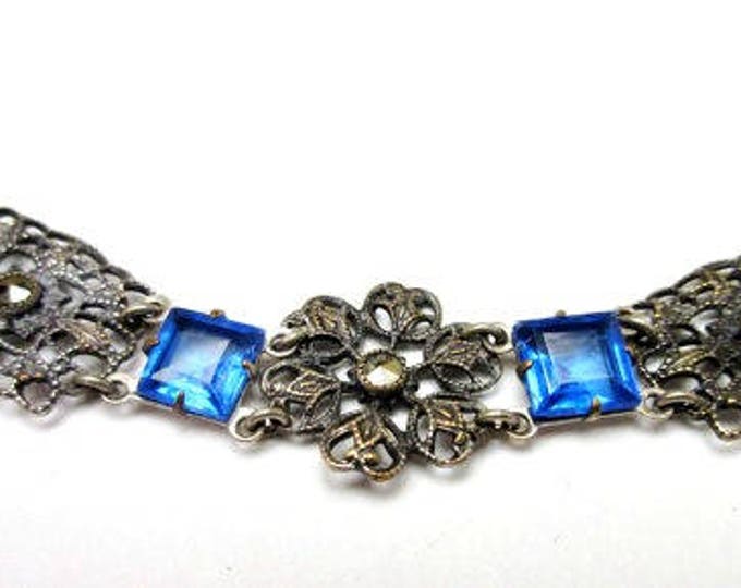 Blue Glass Link Bracelet - 1940s snap clasp - Marcasite silver plated filigree panel - Art Deco