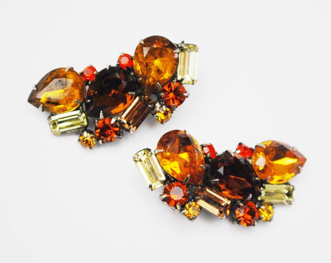 Rhinestone Climbing earrings - Amber brown yellow Orange crystal - Fall autumn colors -Mid century large clip on earrings