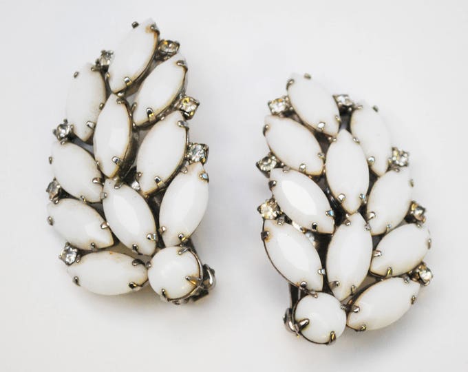 Weiss Rhinestone Earrings - White Milk Glass - Climbing earring -Clear Rhinestone - silver tone - clip on earrings