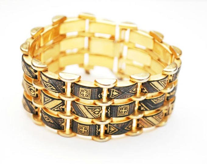 Wide Damascene Link bracelet - 3 rows of gold black enameling links - Safety chain