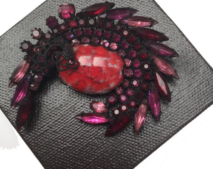 Rhinestone Brooch pendant - pink Purple crystal - Black Japaned - Red marbled art glass cabochon - Swirl Pin