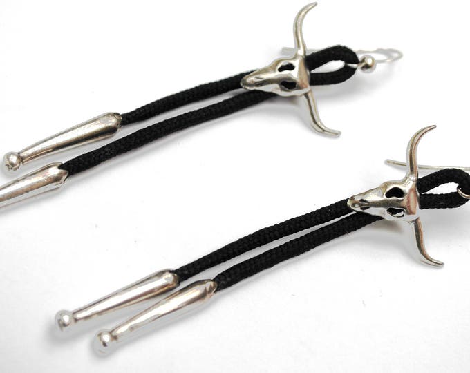 Sterling Bolor Tie Earrings - Silver cow skull - black nylon - dangle drop - Tribal Southwestern - pierced earring