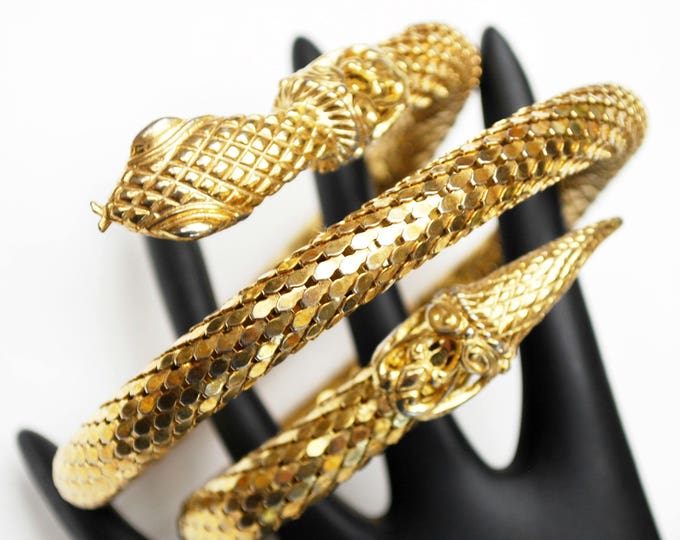 Whiting and Davis Gold Mesh Snake arm bracelet -golden metal mesh - eqyptian Revival - Coil wrap bangle large bracelet
