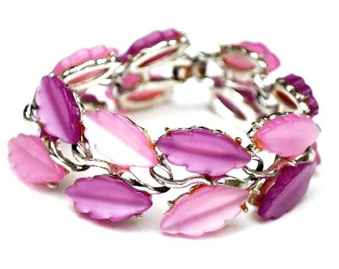 Purple Pink Thermoset leaf Link Bracelet - Vintage Moonglow Lucite Plastic - Silver tone - Mid Century - Gift for her