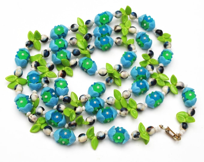 Vintage Green Blue flower necklace - Lucite plastic beads - signed Empire - long opera length necklace 50 inches