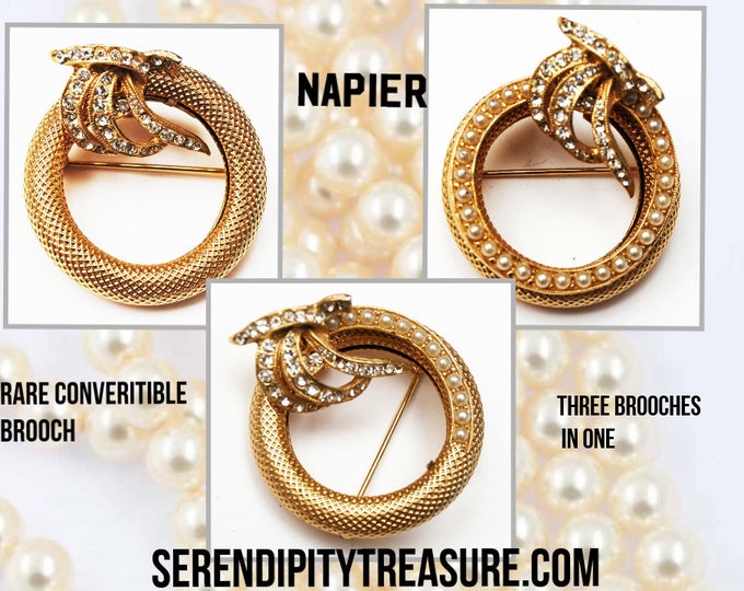 Napier Convertible Brooch Pearl Rhinestone - Wreath Pin- 3 brooches in one