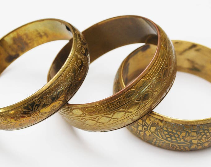 Lot of three Brass Bangles - chunky Boho Bangle - Flower Etched - gold brass bracelets