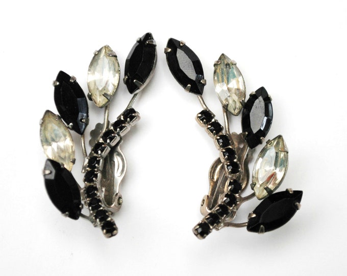 Rhinestone Climbing earrings - Black and Clear crystal - Floral - Mid century large clip on earrings Wedding Bride