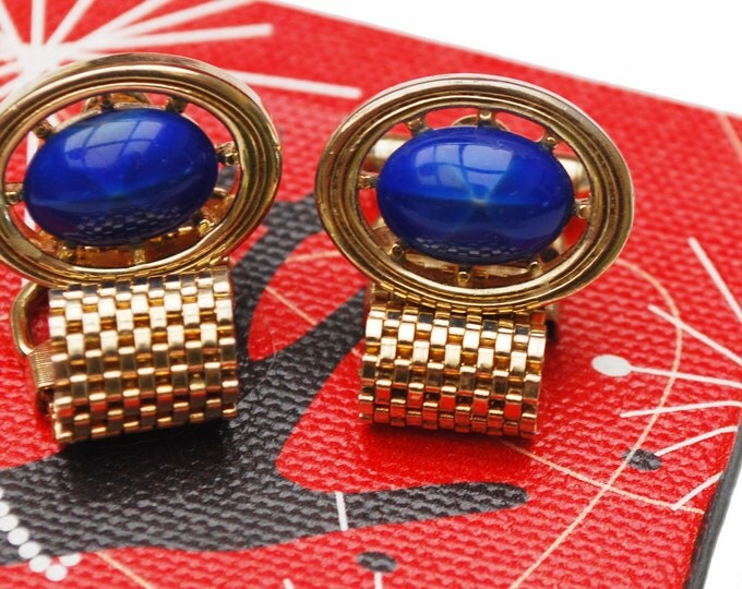 Blue Star Sapphire Glass Cufflinks - Blue glass Cabochon - fold over gold wrap mesh metal