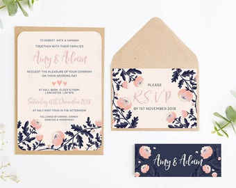 Blush and Navy Floral Wedding Invitation Bundle