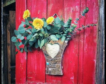 Mosaic planter,hanging door basket,hanging wall planter,front door decor, memories in glass