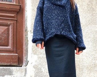 SALE New Navy Melange High Collar Knit Top / Extravagant Blouse with Warm Shawl Neckline / Wool Warm Soft Top by AAKASHA A06362