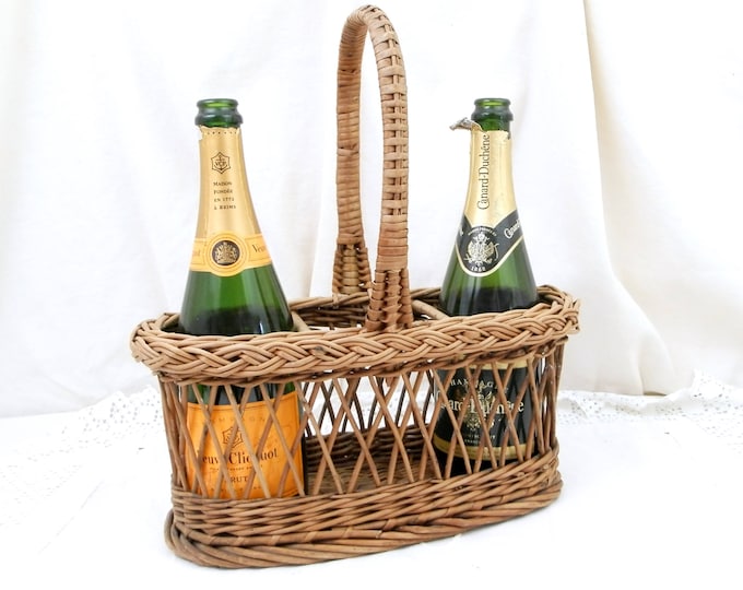Antique French Woven Wicker Basket Bottle Carrier for 3 Bottles, French Country Decor Kitchen, Champagne Cellar, Picnic,