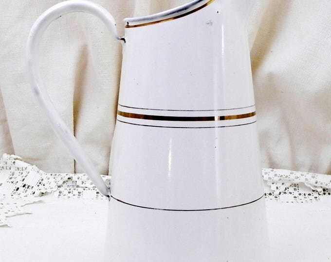 Antique French White with Gold Bands Enamelware Pitcher, Chippy Cottage Kitchen Enamel Jug, French Country Chateau Shabby Chic Decor, Antique French White with Gold Bands Enamelware Pitcher, Chippy Cottage Kitchen Enamel Jug, French Country Chateau Shabby Chic Decor,