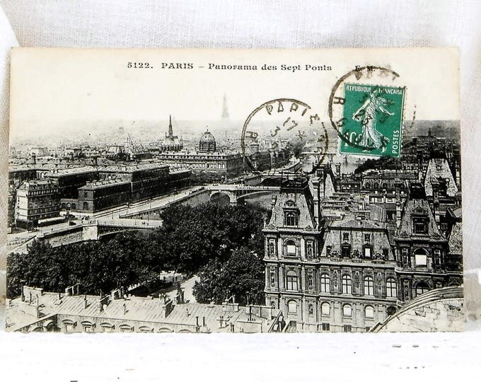Antique French Postcard, Panoramic view of Paris and the Eiffel Tower Posted in 1923, Vintage French Retro Home Interior Decor, Parisian